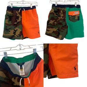 Polo Ralph Lauren Swim Traveler Trunks Colorblock Camo Orange Green Boys‎ Medium